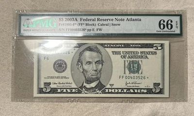 2003 Five Dollar Federal Reserve $5 Note. PCGS MS 66 EPQ Star. - Image 1 of 2