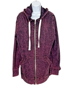 Zenana XL Acid Wash Zip Up Hoodie Burgundy Cotton Elasthan Soft Casual Jacket - Bild 1 von 7