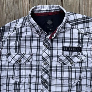 Harley Davidson Shirt Mens XL Plaid Mechanic Biker Motorcycle Wings Black White - Picture 1 of 19