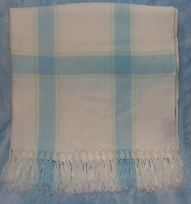 Amy Coe Limited Edition Blue White Baby Blanket Plaid Finge  - Image 1 of 4