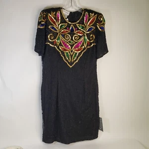 NWT Vintage 90s Stenay Sears Black Sequin Silk Cocktail Dress L Gold Red Pink - Picture 1 of 13