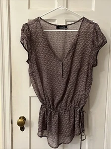 a.n.a Cap Sleeve Semi Sheer Purple Patterned Tie Waist Blouse L - Picture 1 of 5