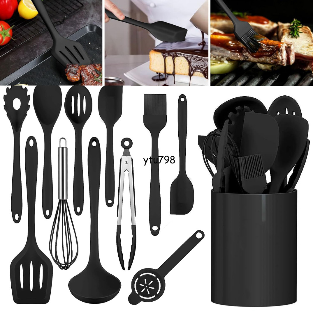 Set Utensili Da Cucina 24 Pezzi - Silicone E Legno, Con 12 Ganci, Nero - Foto 3