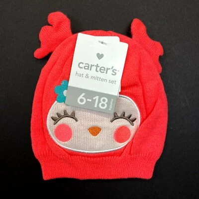 Carter's Baby Hat & Mitten Set Ages 6-18 Months - Coral Birdie - Image 1 of 3