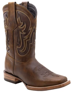 Men Genuine Leather Ranch Square Toe Brown Western Boots Handcrafted Quality - Picture 1 of 5
