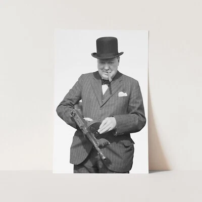 Impresión de póster de arte de pared Winston Churchill cigarro fumar con ametralladora Segunda Guerra Mundial Foto 1 de 4