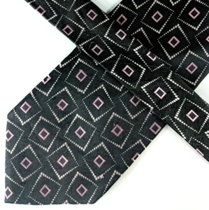 Roberto Villini Collezione Long Mens Tie, Black w/ Pink White Geo Pattern, Silk - Picture 1 of 7