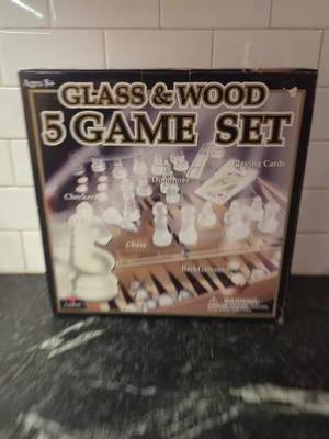Glass and Wood 5 Game Set Chess Checkers Dominoes Playing Cards Open Box - Image 1 of 4