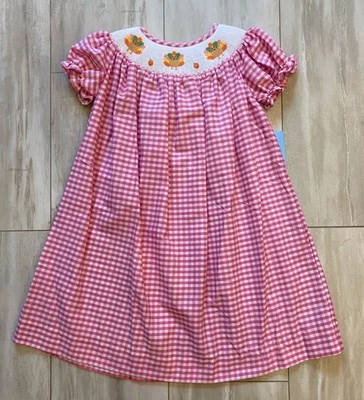 New! Charming Little One Pink Gingham Smocked Turkey Bishop Dress, Girls size 4 - Image 1 of 4