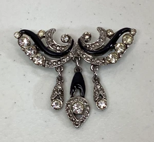 Vintage SilverTone and Black Enamel Brooch Crystal Rhinestones Dangling Pendant - Picture 1 of 7