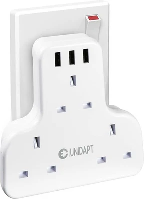 Flat Wall Socket Extension UK 3 Way Plug Adapter 3 USB Ports 3250W/250V/13A NEW - Image 1 of 4