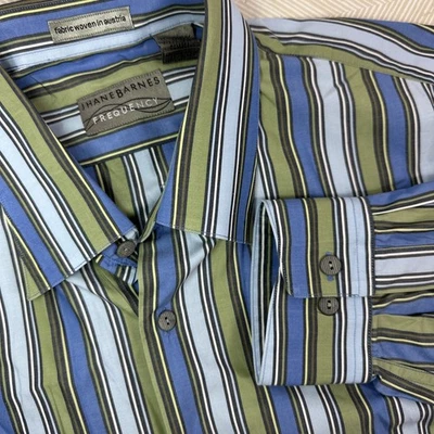 Camisa Jhane Barnes Frecuencia Abotonada Para Hombres XL Rayas L/S Oxford Azul/Verde Foto 1 de 4