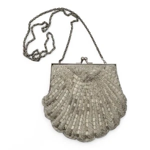 Vtg 1960s Walborg Seashell Silver Beaded Bridal Purse Evening Bag Hong Kong - Picture 1 of 9