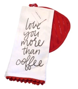 "Love You More Than Coffee", rot & weiß Geschirrtuch & Topflappen Set. Nagelneu. - Bild 1 von 4