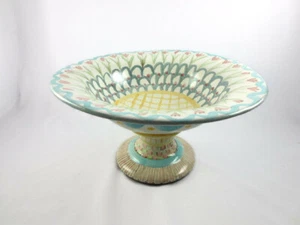 Vintage Mackenzie Childs King's Ferry Pedestal Bowl Footed Compote Red Flowers - Picture 1 of 5