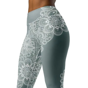 Pewter Gray Fishnet Lace Leggings -High Waist Floral Women Activewear Yoga Pants - Picture 1 of 17