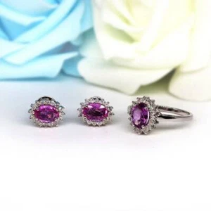 14K Gold Ring Earring Set, Pink Sapphire Oval Cut Jewelry Set, Handmade Jewelry - Picture 1 of 8