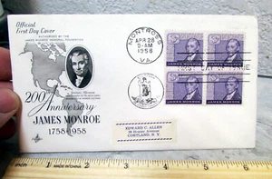 Vintage USA stamp first day cover envelope, James Monroe 200th, Montross VA 1958 - Picture 1 of 3