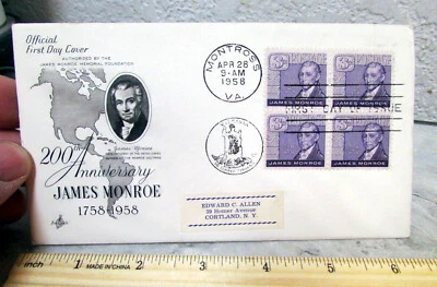 Vintage USA stamp first day cover envelope, James Monroe 200th, Montross VA 1958 - Image 1 of 3