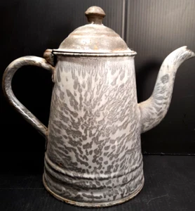 Primative Graniteware Coffee Pot Grey Mottled Cowboy Americana 1900s - Picture 1 of 14