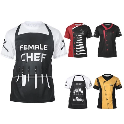 Mens Color Block Chef T-Shirt Restaurant Kitchen Cook Costume Short Sleeve Tops - Image 1 of 3