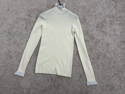 Nuevo Suéter Para Mujer 100% Lana Merino Gasa Volantes Cuello Simulado Crema Talla M Foto 1 de 4