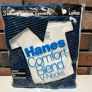 Vintage 1987 Hanes Comfort Blend V-Ausschnitt T-Shirts weiß 3er-Pack neu aus altem Lagerbestand Large USA - Bild 1 von 9