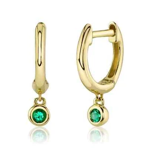 14K Yellow Gold Emerald Earrings Huggie Dangle Drops Natural Round Bezel 0.06CT - Picture 1 of 3