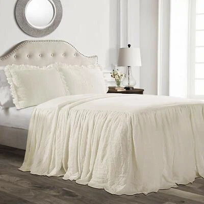 IVORY  Twin Full Queen King Size Solid Ruffled Farmhouse Bedspread Set Shams - Image 1 of 4