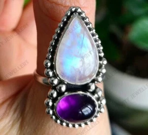 Rainbow Moonstone Amethyst Ring 925 Sterling Silver Jewelry Gift All Sizes Ava.. - Picture 1 of 6