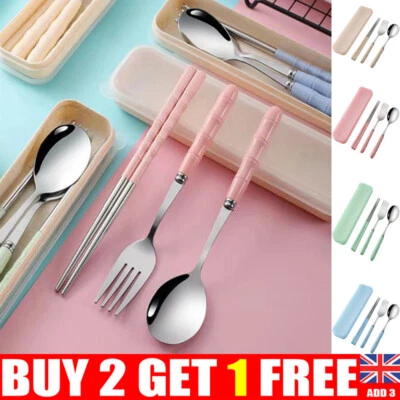 3 Stück/Set Tragbar Outdoor Picknick Reise Edelstahl Essstäbchen Löffel Gabel PP - Bild 1 von 4