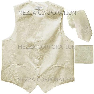 New Men's Vesuvio Napoli Paisley Tuxedo Vest 2.5" Skinny Necktie set party Ivory - Image 1 of 4