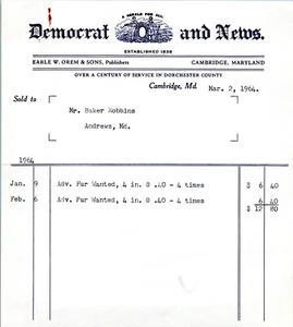 Cambridge Maryland Vintage Billhead Recept PERIÓDICO DEMÓCRATA Y DE NOTICIAS 1964 - Imagen 1 de 2