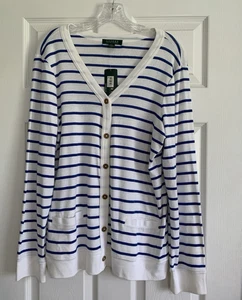 Lauren Ralph Lauren Strickjacke Damen XL weiß blau gestreift Knopf maritim Neu mit Etikett - Bild 1 von 11