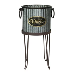 Galvanized Gray Metal Round Flower Pot Indoor Outdoor Garden Planter with Stand - Picture 1 of 2