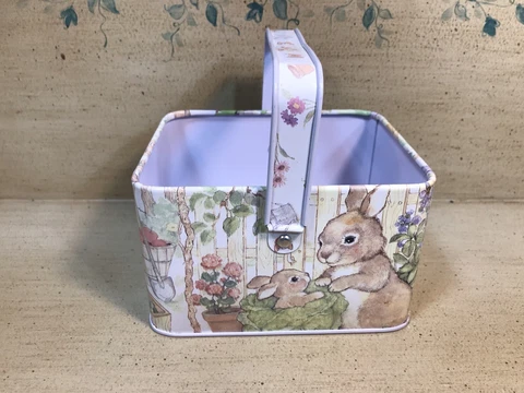 Small Tin Easrer Basket Trinket Keepsake Basket Bunnies In The Garden Cover