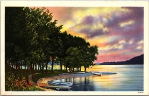 Postcard Canoe on Dock Lake Scene Trees Sunrise Sunset Landscape Postcrossing - Picture 1 of 2