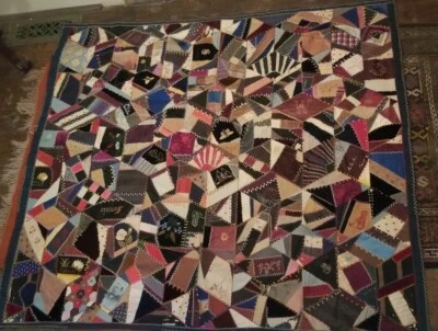 Antique sgnd Feb 1885  hand embroidered crazy quilt President Cleveland 60 x 56 - Image 1 of 4