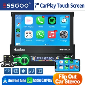 7'' Single Din Car Stereo Flip Out Head Unit Android Apple CarPlay Touch Radio - Picture 1 of 14
