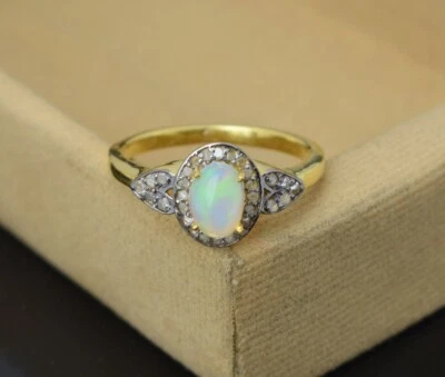 Anillo de diamantes de ópalo y pavé, anillo étnico, anillo chapado en oro, plata de ley 925, regalo Foto 1 de 4
