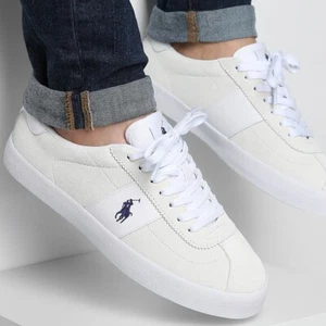 Hombres Polo Ralph Lauren Gamuza Cuero Entrenadores Todas las Tallas del Reino Unido Blanco Vulc RLCVCWM - Imagen 1 de 12