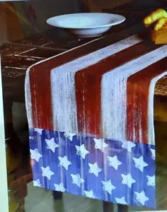 TABLE RUNNER-Patriotic w/American Flag Red White Blue 13" x 72" Polyester - Picture 1 of 3
