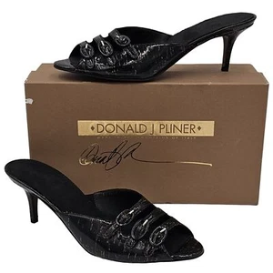 Donald Pliner Italy Women 9.5 Black Patent Cork Open-toe Slide Dress Shoes Heels - Picture 1 of 13