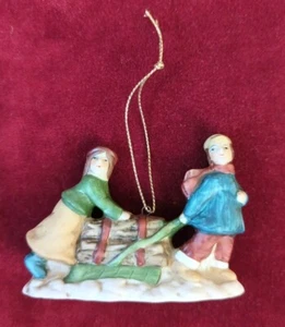 Vintage Christmas Holiday Yule Log Keepsake Ornament Victorian Boy & Girl - Picture 1 of 10