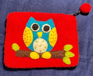 Owl on red felted wool zipper purse/pouch/wristlet, gift, birthday, cute! - Picture 1 of 5