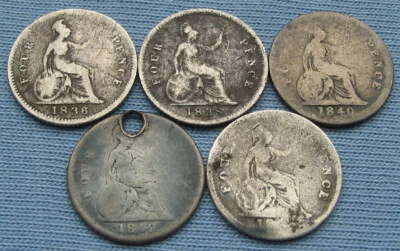 5 monedas de 4 peniques del Reino Unido Gran Bretaña 1836/1838/1840/1849 Guillermo IIII Victoria cuatro Foto 1 de 4