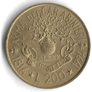 1994 Italy 200 Lire Arm of Carabinieri World Coin - KM# 164 - Picture 1 of 2