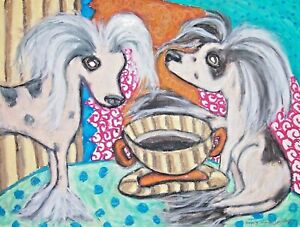 Dog Art Print 5 x 7 Chinese Crested drinking Coffee by artist Ksams