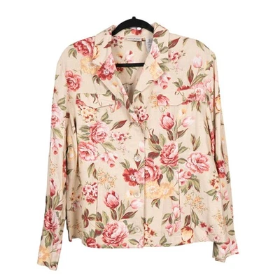 Chaqueta de Verano Blanca Ciervo Floral L 12 14 Lino Beige Rosa Años 90 Botones CottageCore Foto 1 de 4