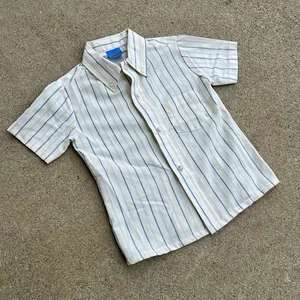 NOS Vintage Cut Loose 70s Kids Short Sleeve Button Up Top 5/6 Blue White - Picture 1 of 7